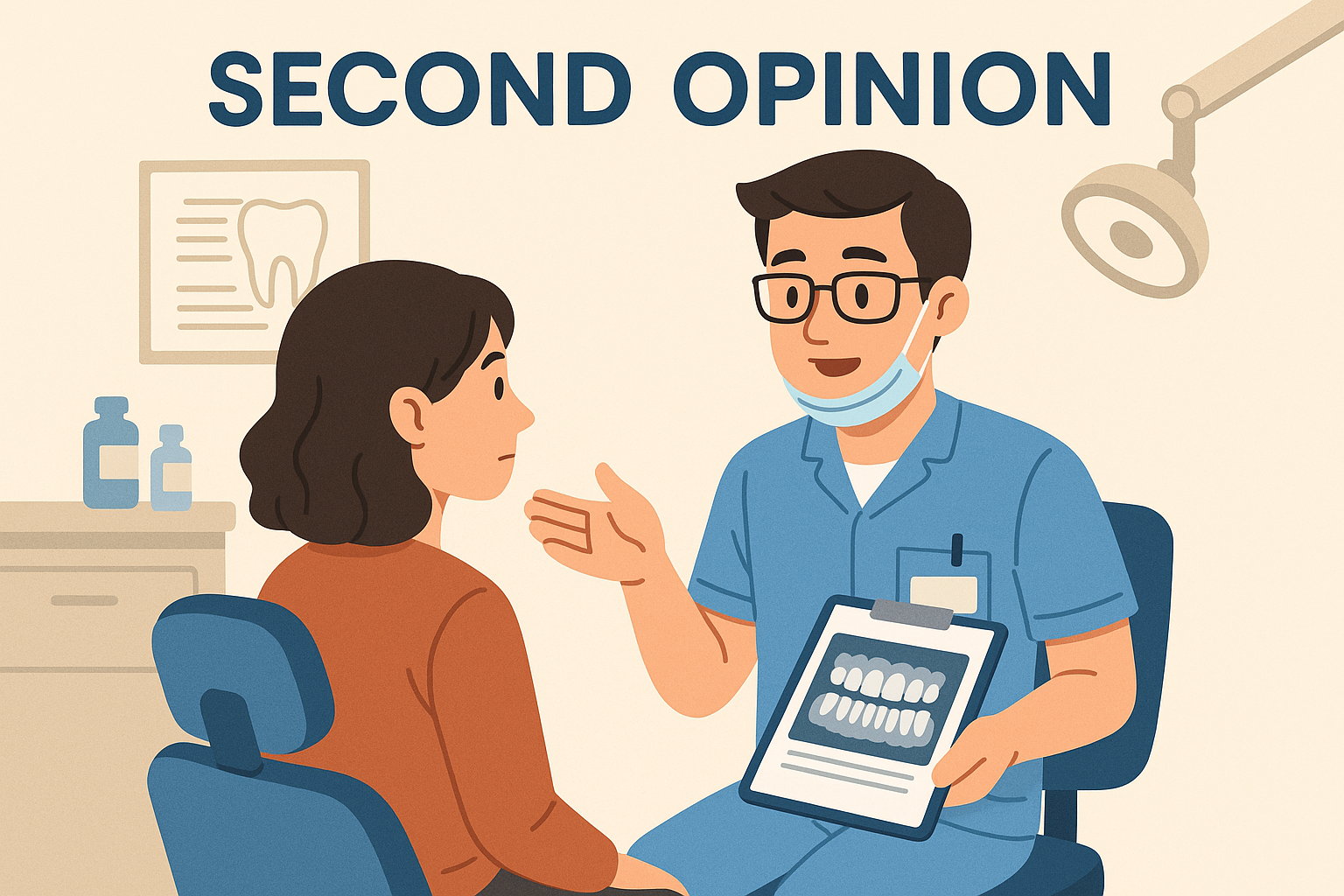 Dentist reviewing dental X-rays with a patient during a second-opinion consultation